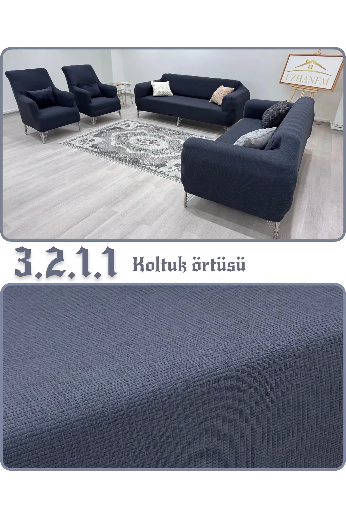 Likrali Koltuk Örtüsü 3+2+1+1 . Koltuk Kılıfı Lastikli Esnek Yikanabilir Kare Desen Berjer Antrasit