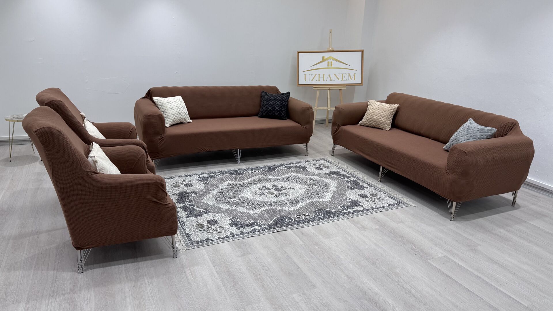 Likrali Koltuk Örtüsü 3+2+1+1 . Koltuk Kılıfı Lastikli Esnek Yikanabilir Kare Desen Berjer Antrasit kahverengi