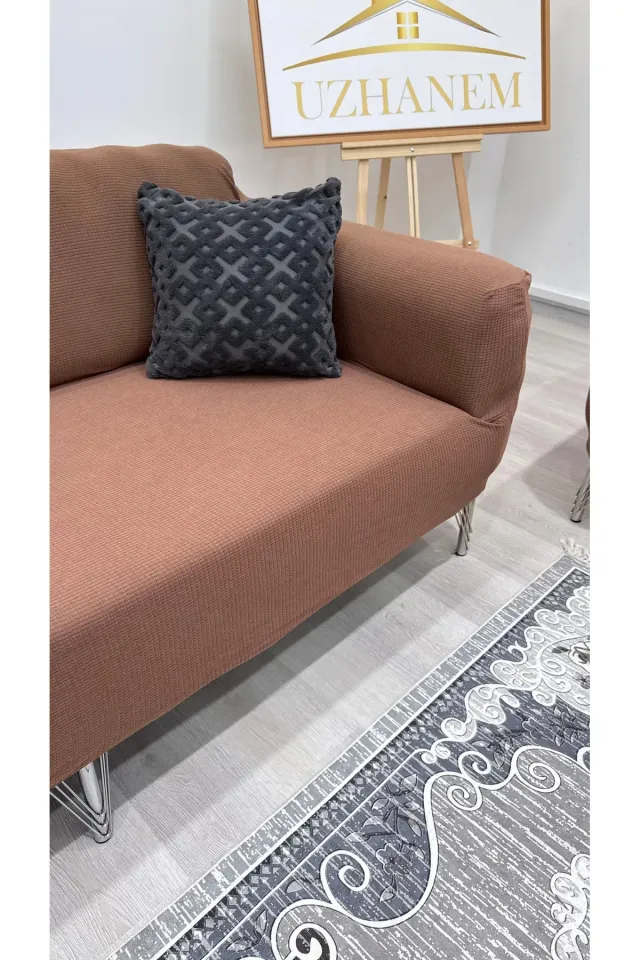 Likrali Koltuk Örtüsü 3+2+1+1 . Koltuk Kılıfı Lastikli Esnek Yikanabilir Kare Desen Berjer Antrasit kahverengi