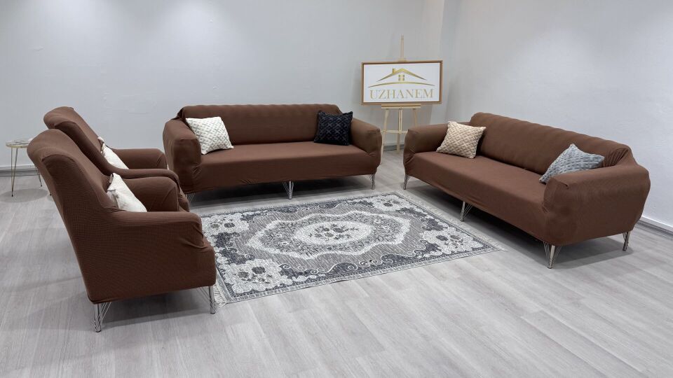 Likrali Koltuk Örtüsü 3+2+1+1 . Koltuk Kılıfı Lastikli Esnek Yikanabilir Kare Desen Berjer Antrasit kahverengi