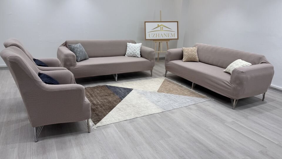 Likrali Koltuk Örtüsü 3+2+1+1 . Koltuk Kılıfı Lastikli Esnek Yikanabilir Kare Desen Berjer Antrasit vizon