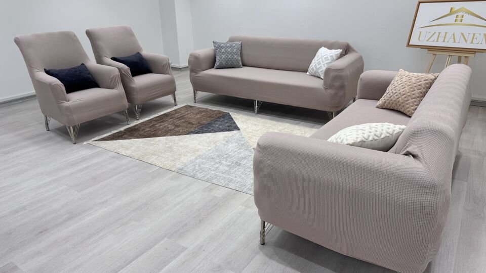 Likrali Koltuk Örtüsü 3+2+1+1 . Koltuk Kılıfı Lastikli Esnek Yikanabilir Kare Desen Berjer Antrasit vizon