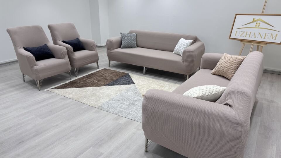 Likrali Koltuk Örtüsü 3+2+1+1 . Koltuk Kılıfı Lastikli Esnek Yikanabilir Kare Desen Berjer Antrasit vizon