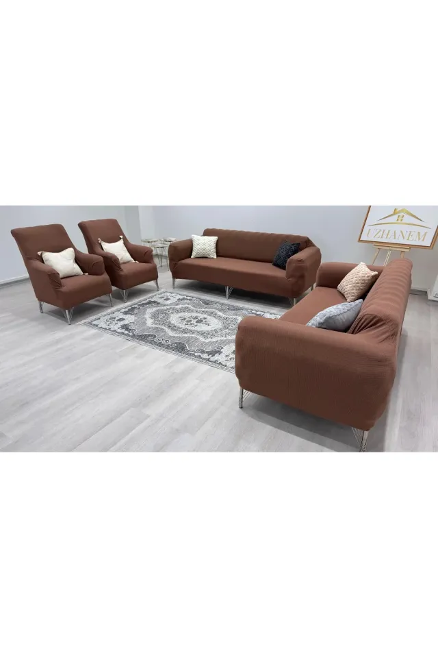 Likrali Koltuk Örtüsü 3+2+1+1 . Koltuk Kılıfı Lastikli Esnek Yikanabilir Kare Desen Berjer Antrasit