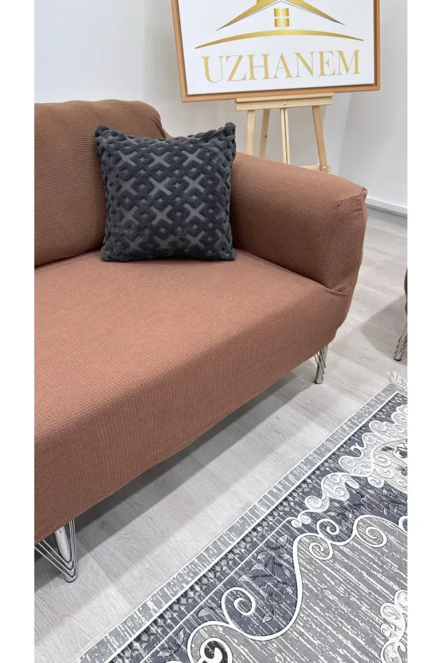 Likrali Koltuk Örtüsü 3+2+1+1 . Koltuk Kılıfı Lastikli Esnek Yikanabilir Kare Desen Berjer Antrasit kahverengi