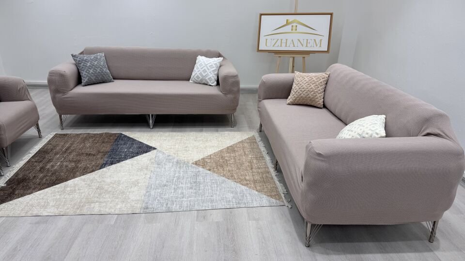 Likrali Koltuk Örtüsü 3+2+1+1 . Koltuk Kılıfı Lastikli Esnek Yikanabilir Kare Desen Berjer Antrasit vizon
