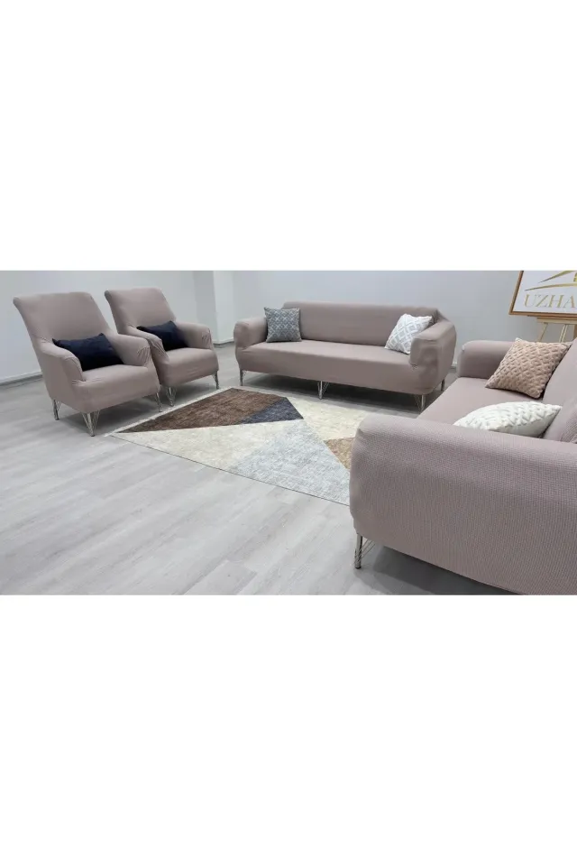 Likrali Koltuk Örtüsü 3+2+1+1 . Koltuk Kılıfı Lastikli Esnek Yikanabilir Kare Desen