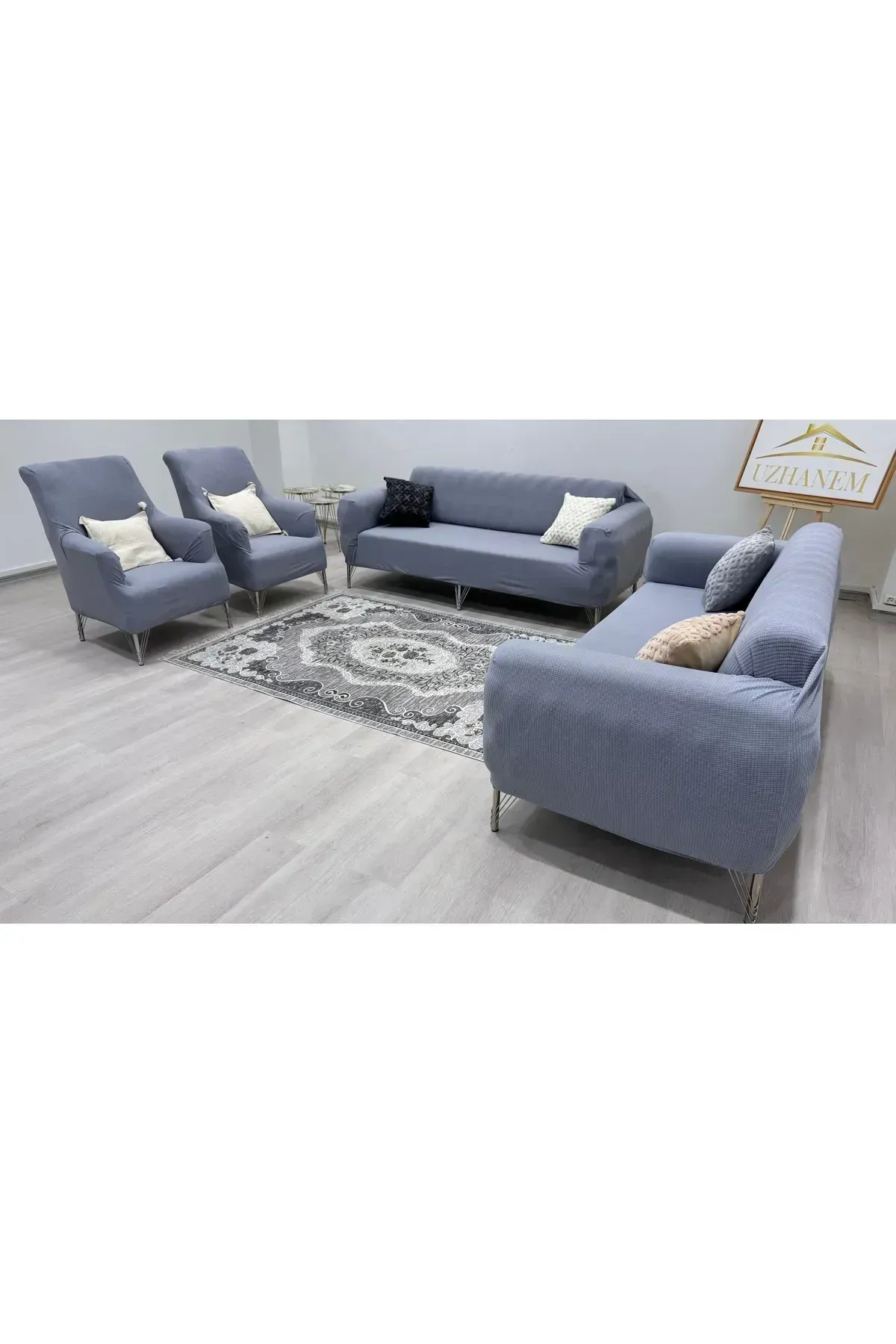 Likrali Koltuk Örtüsü 3+2+1+1 . Koltuk Kılıfı Lastikli Esnek Yikanabilir Kare Desen gri