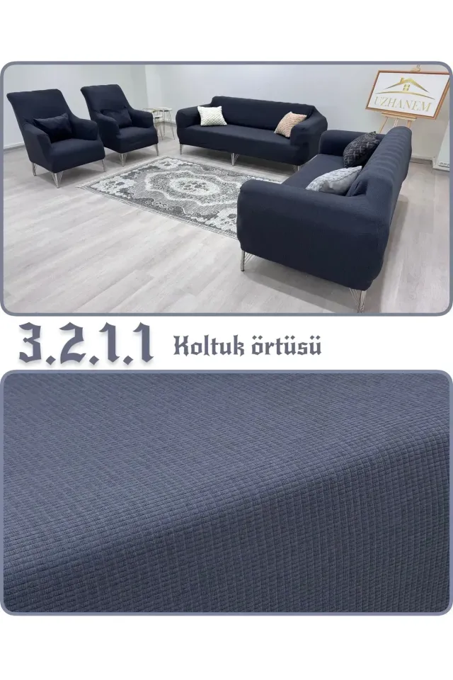 Likrali Koltuk Örtüsü 3+2+1+1 . Koltuk Kılıfı Lastikli Esnek Yikanabilir Kare Desen antrasit