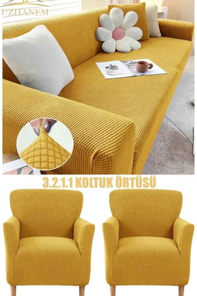 Likrali Koltuk Örtüsü 3+2+1+1 . Koltuk Kılıfı Lastikli Esnek Yikanabilir Kare Desen