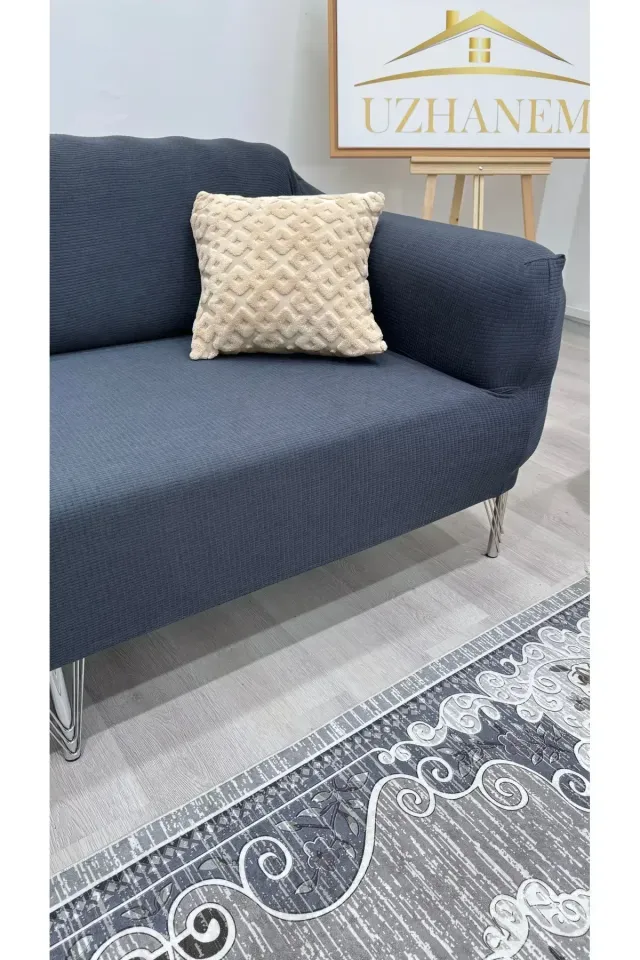 Likrali Koltuk Örtüsü 3+2+1+1 . Koltuk Kılıfı Lastikli Esnek Yikanabilir Kare Desen antrasit