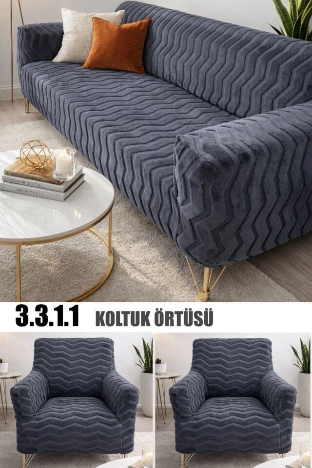 3+3+1+1 Streç Lastikli Esnek Yıkanabilir wellsoft Koltuk Örtüsü Takımı – zikzak Desen Koltuk Kılıfı