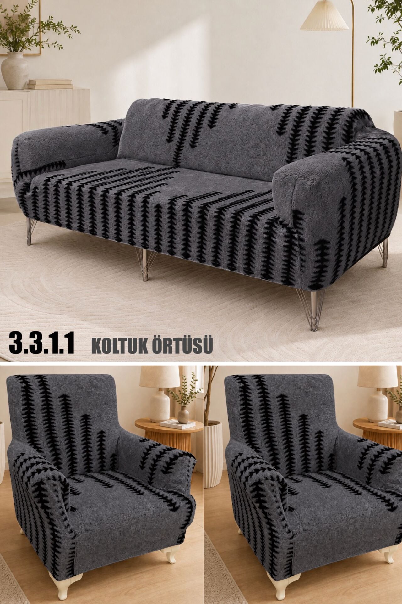 3+3+1+1 Streç Lastikli Esnek Yıkanabilir wellsoft Koltuk Örtüsü Takımı