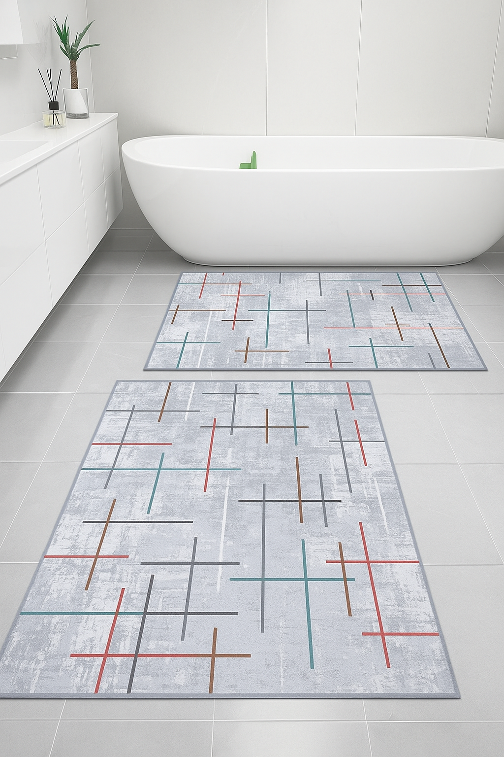 Kaymaz Taban Yıkanabilir 2'li Set Banyo Halısı Banyo Paspası Klozet Takımı 60 x 100 / 50 x 80cm pudra