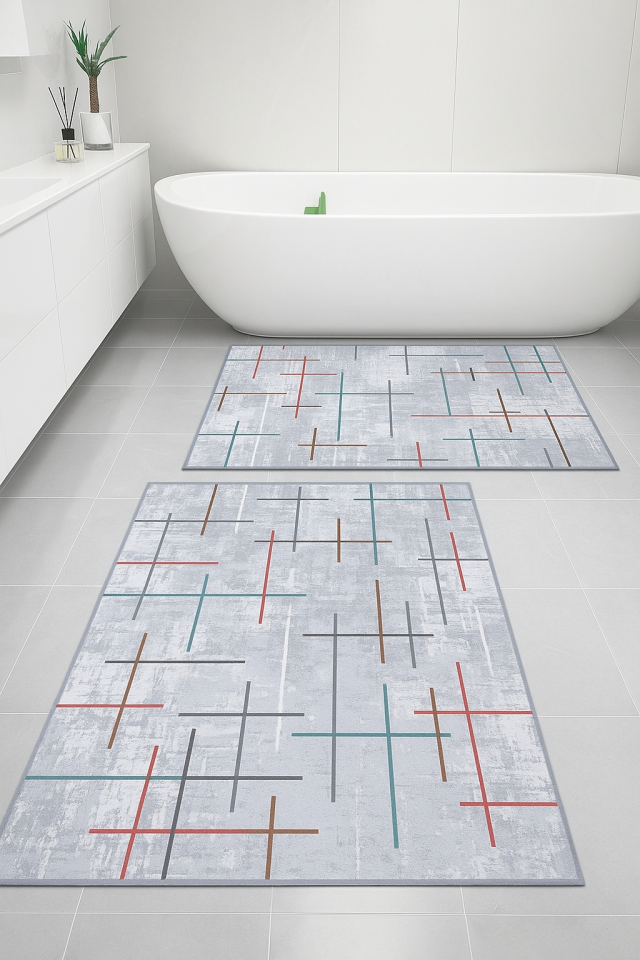 Kaymaz Taban Yıkanabilir 2'li Set Banyo Halısı Banyo Paspası Klozet Takımı 60 x 100 / 50 x 80cm pudra