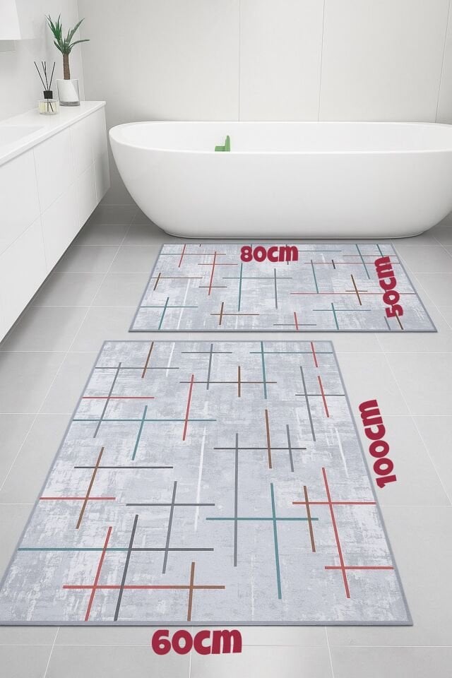 Kaymaz Taban Yıkanabilir 2'li Set Banyo Halısı Banyo Paspası Klozet Takımı 60 x 100 / 50 x 80cm pudra