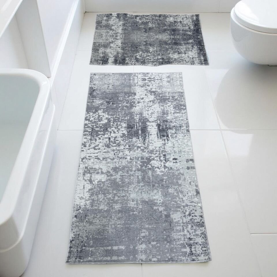 Kaymaz Taban Yıkanabilir 2'li Set Banyo Halısı Banyo Paspası Klozet Takımı 60 x 100 / 50 x 80cm gri