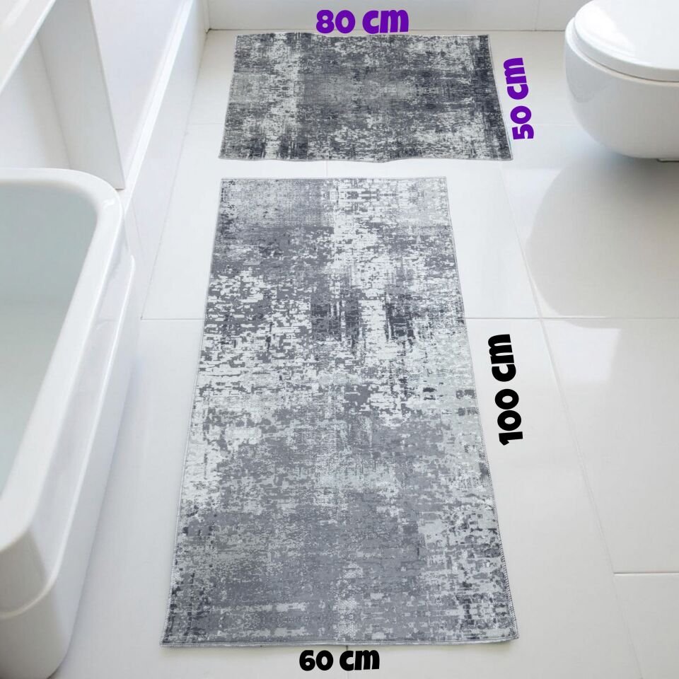Kaymaz Taban Yıkanabilir 2'li Set Banyo Halısı Banyo Paspası Klozet Takımı 60 x 100 / 50 x 80cm gri