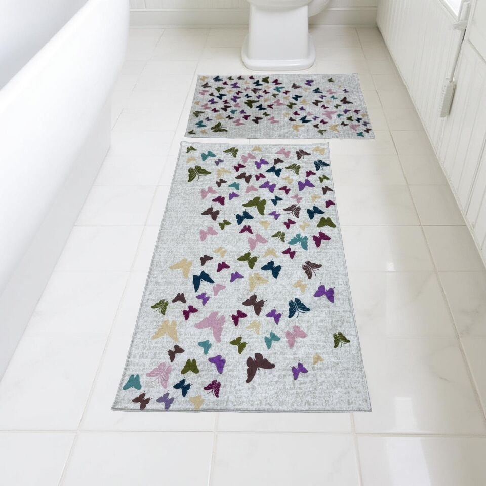 Kaymaz Taban Yıkanabilir 2'li Set Banyo Halısı Banyo Paspası Klozet Takımı 60 x 100 / 50 x 80cm ekru