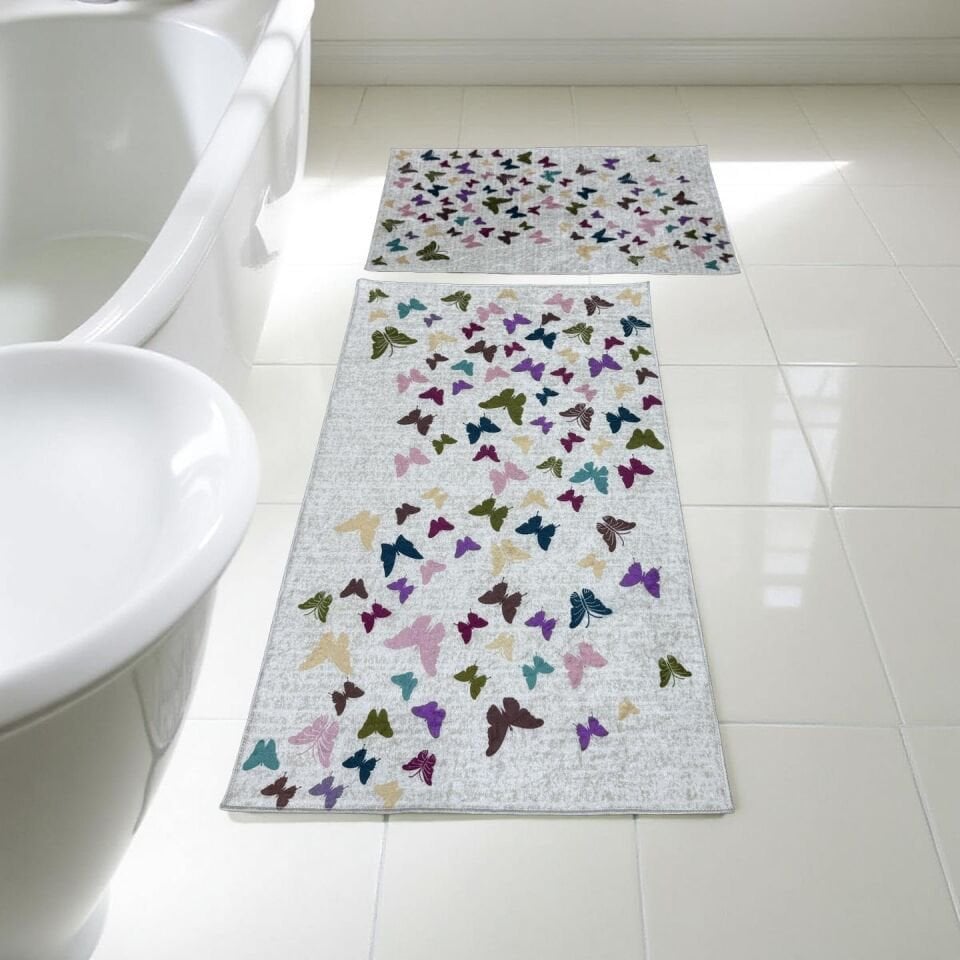 Kaymaz Taban Yıkanabilir 2'li Set Banyo Halısı Banyo Paspası Klozet Takımı 60 x 100 / 50 x 80cm ekru