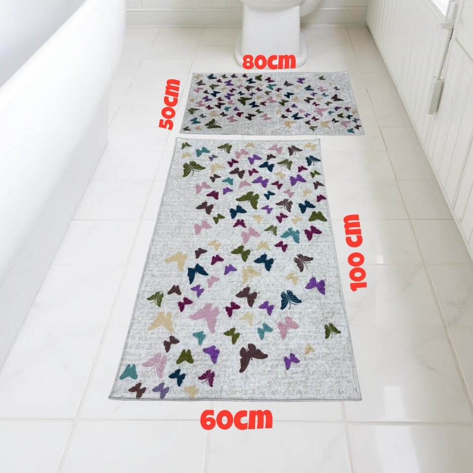 Kaymaz Taban Yıkanabilir 2'li Set Banyo Halısı Banyo Paspası Klozet Takımı 60 x 100 / 50 x 80cm ekru