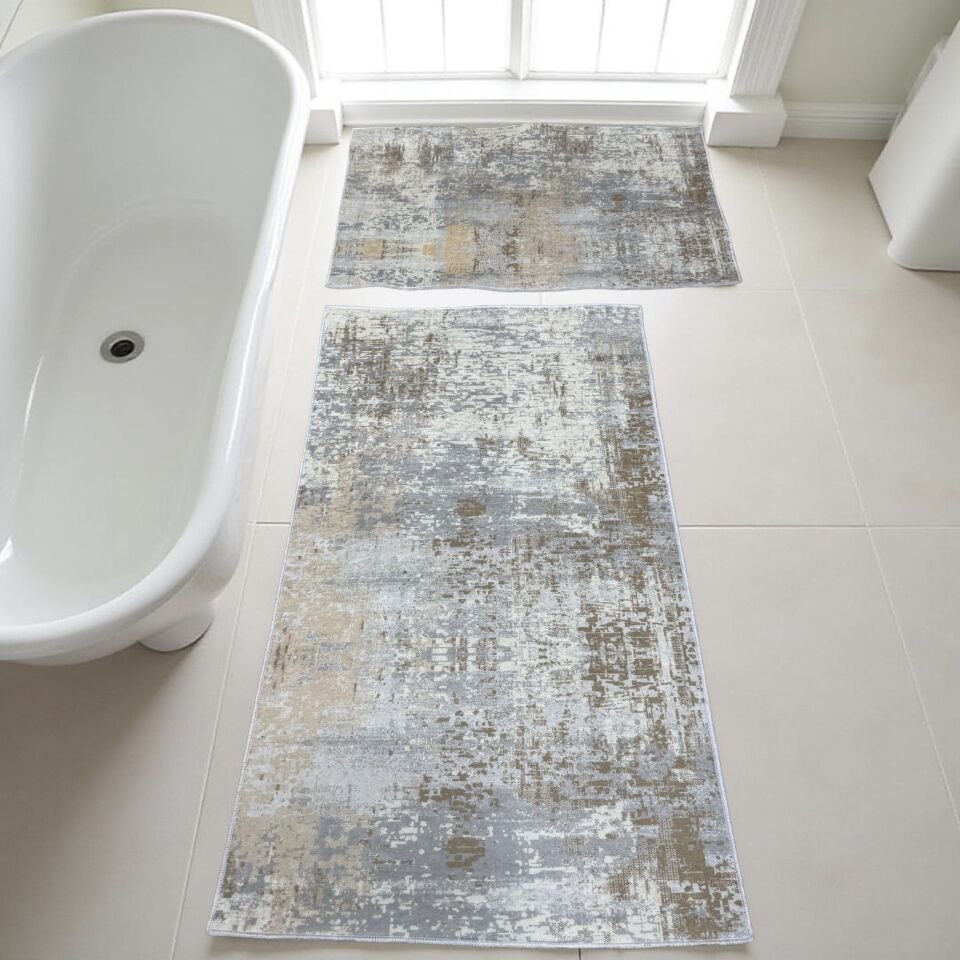 Kaymaz Taban Yıkanabilir 2'li Set Banyo Halısı Banyo Paspası Klozet Takımı 60 x 100 / 50 x 80cm hardal