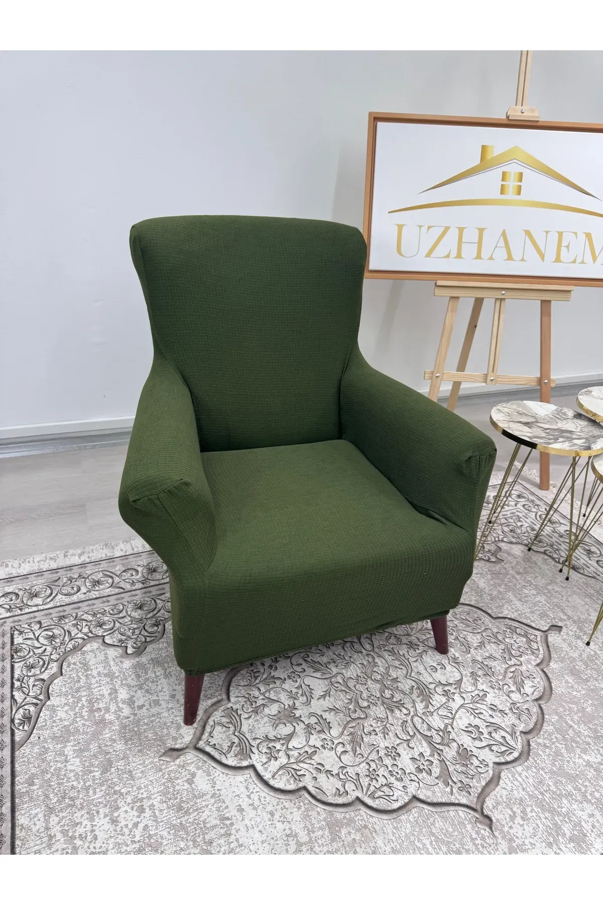 Berjer Tek Kişilik Kotuk Örtüsü Koltuk Kılıfı Likrali Streç Lastikli Esnek Kare Desen yeşil